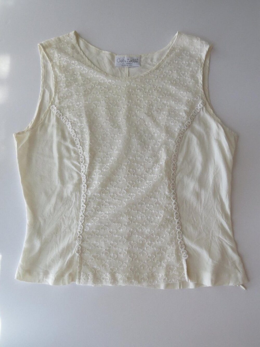 Italian Vintage Gabrielle La Camicia Cream Silk Blend Top, Mesh Embroidery, Made